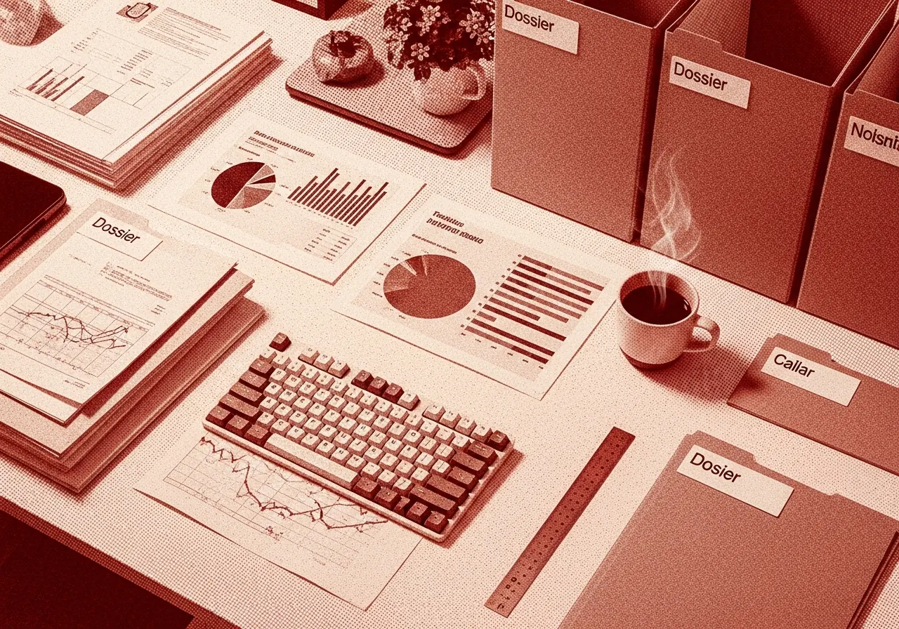 Mesa de auditoría: papeles, charts, ruler, folders monocromos