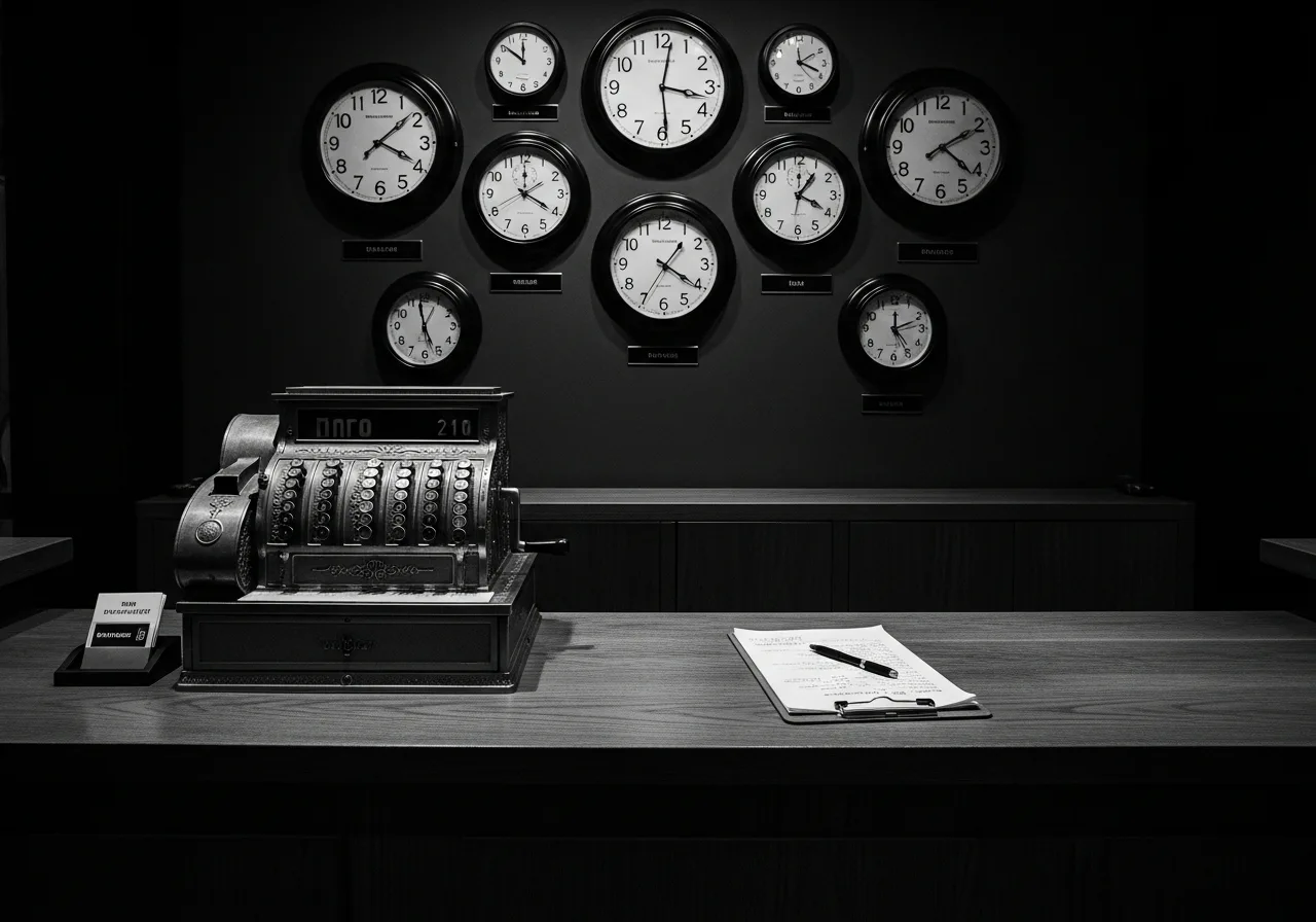 Recepción editorial de hotel: relojes análogos y registros manuales